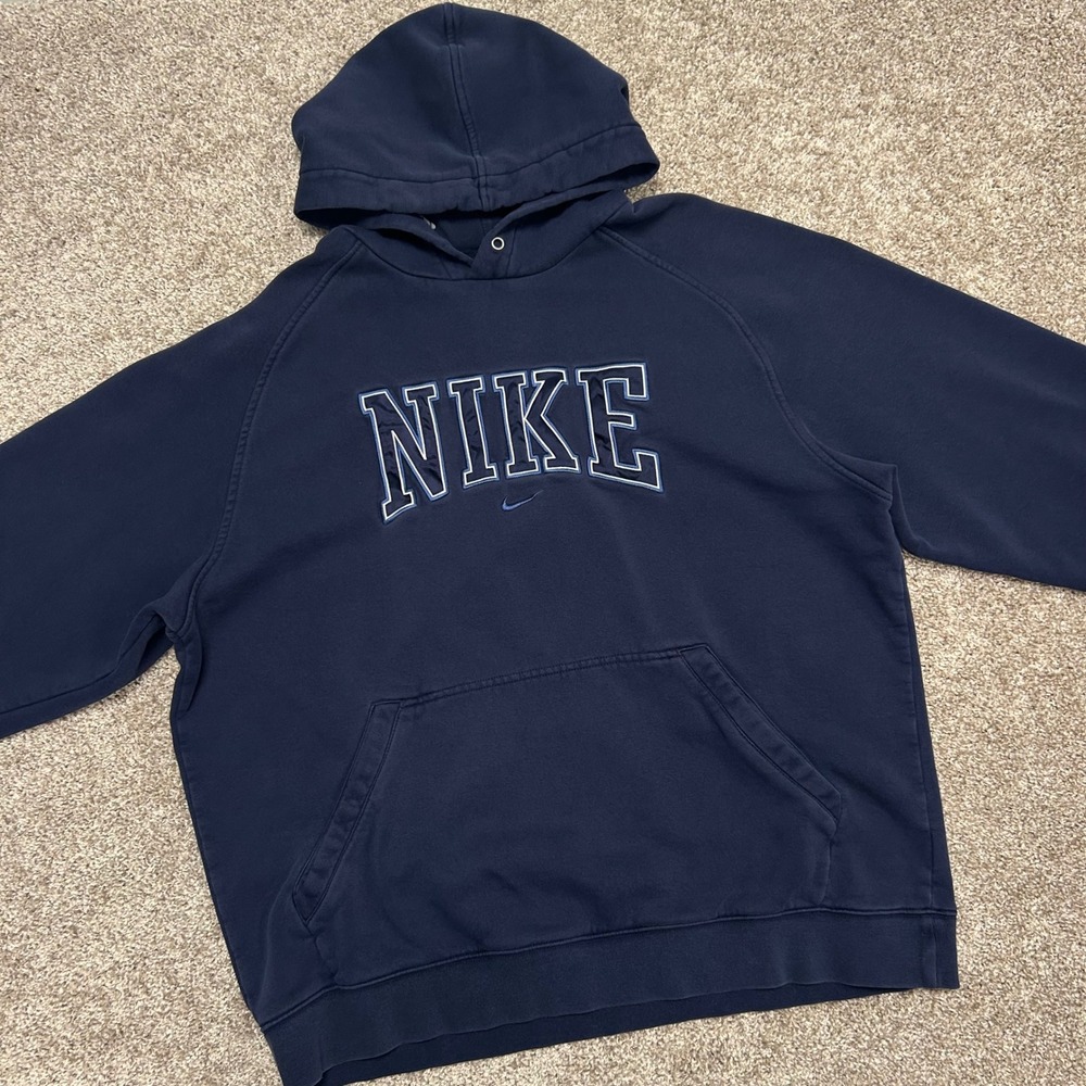 Vintage y2k Nike Center Logo Swoosh Hoodie Sweatshirt Men Size XL Navy Blue